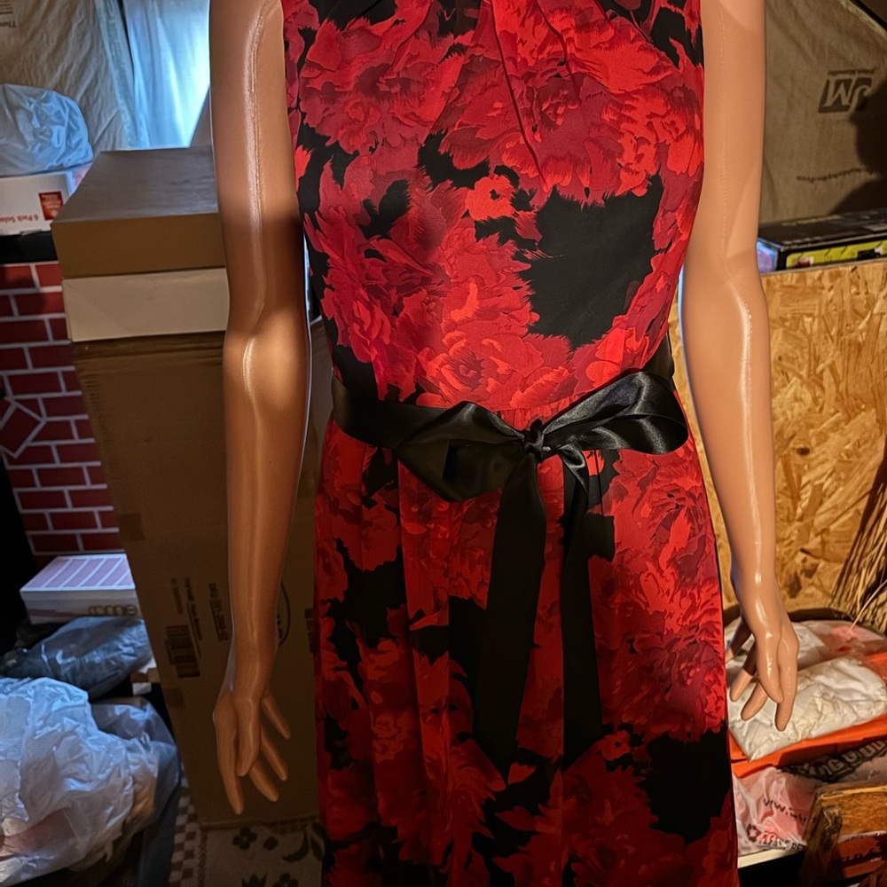 Women’s Connected Apparel Red and Black Floral Midi Dress Size 8P